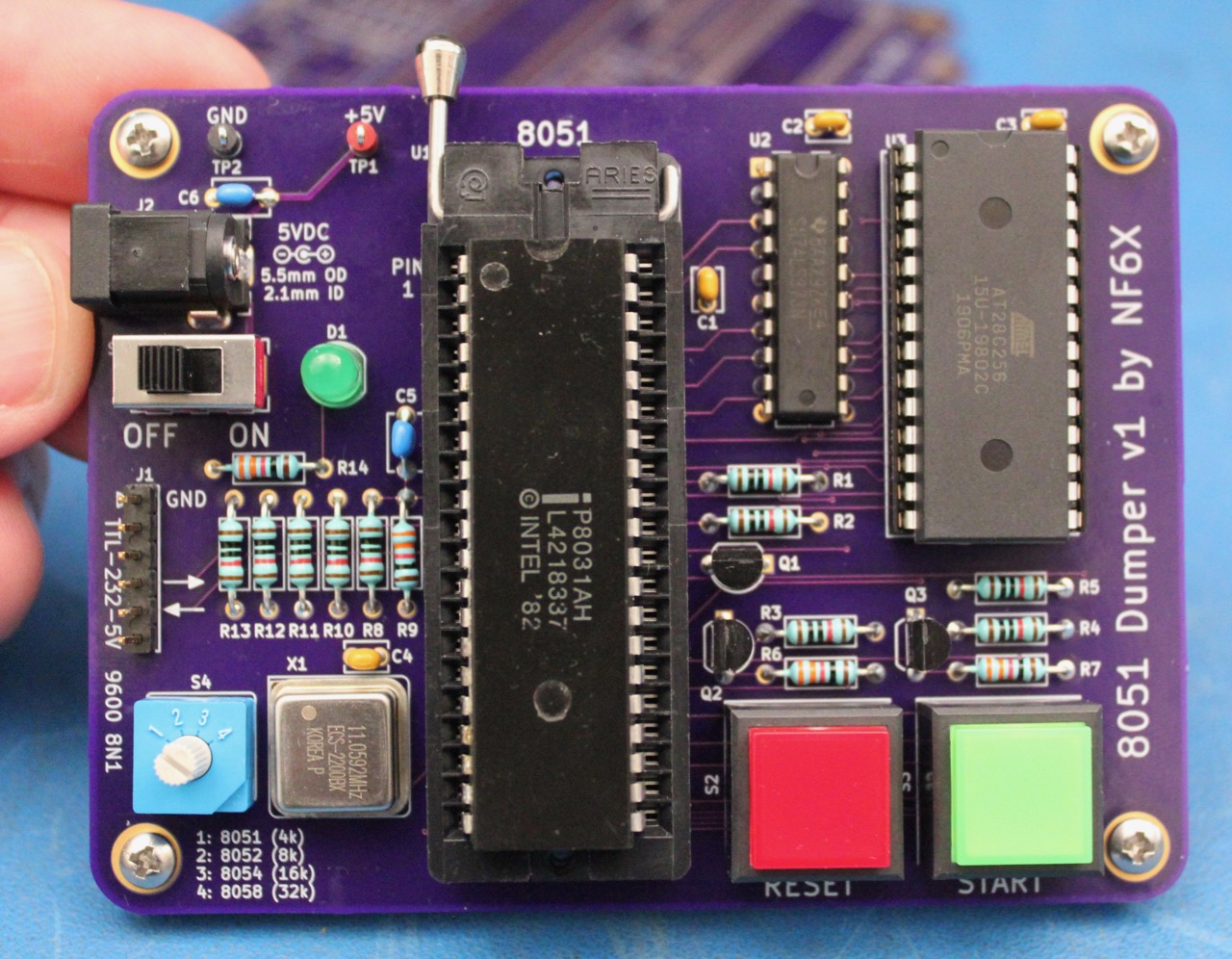 First assembled 8051dumper board, with 8031 standing in for an 8051